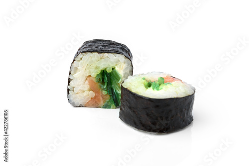 Sishi roll with salmon isolated on white background.
