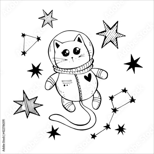 vector doodle illustration cosmonautics day. kitten astronaut among the stars and constellations