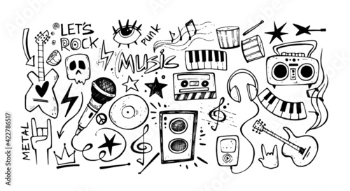 vector doodle illustration music and rock and roll. musical instruments