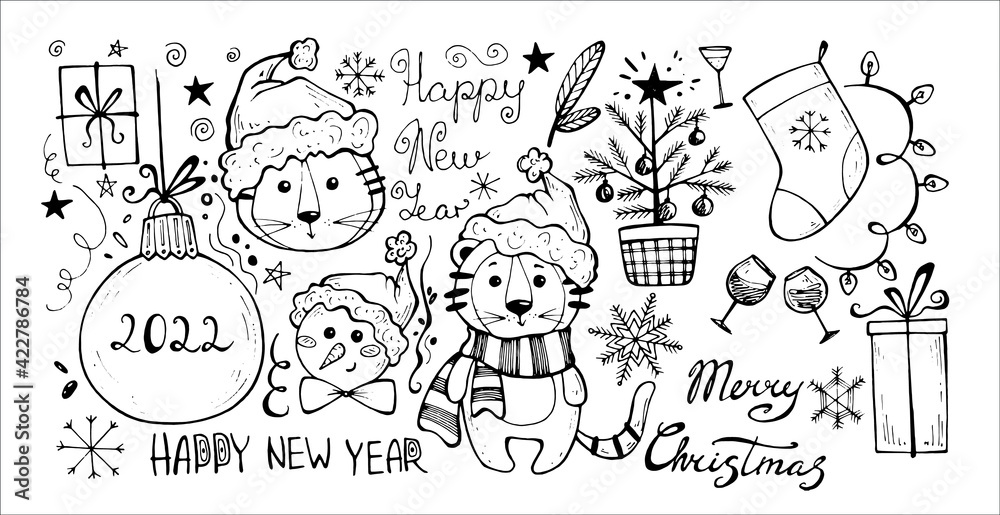 vector doodle illustration christmas and new year. year of the tiger. holiday postcard. lettering vector doodle illustration christmas and new year. year of the tiger. holiday postcard. lettering