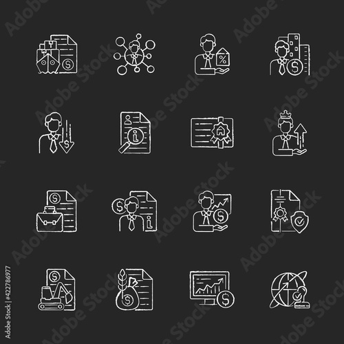 Broker service chalk white icons set on black background. Online stock trading. Intellectual property. Business deal. Sponsorship broker. Commodity broker. Isolated vector chalkboard illustrations