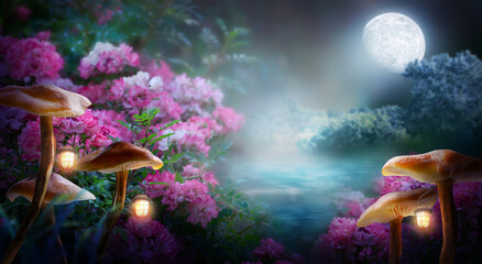 Fantasy mushrooms with lanterns in magical enchanted fairy tale landscape with forest lake, fabulous fairytale blooming pink rose flower garden on mysterious background, glowing moon ray in dark night