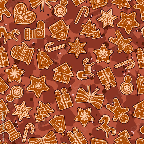 Christmas cookie and sweets seamless pattern of gingerbread man, gift box, xmas tree, candy cane, bell, bow, heart, deer, rocking horse. New Year dessert background design