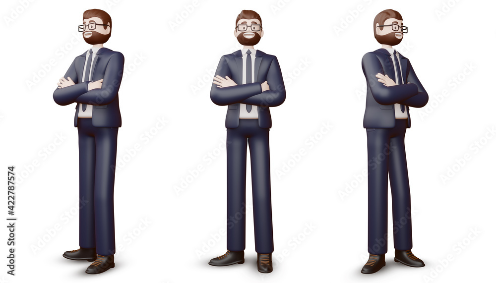 Happy business man crossed arms, 3d rendering.