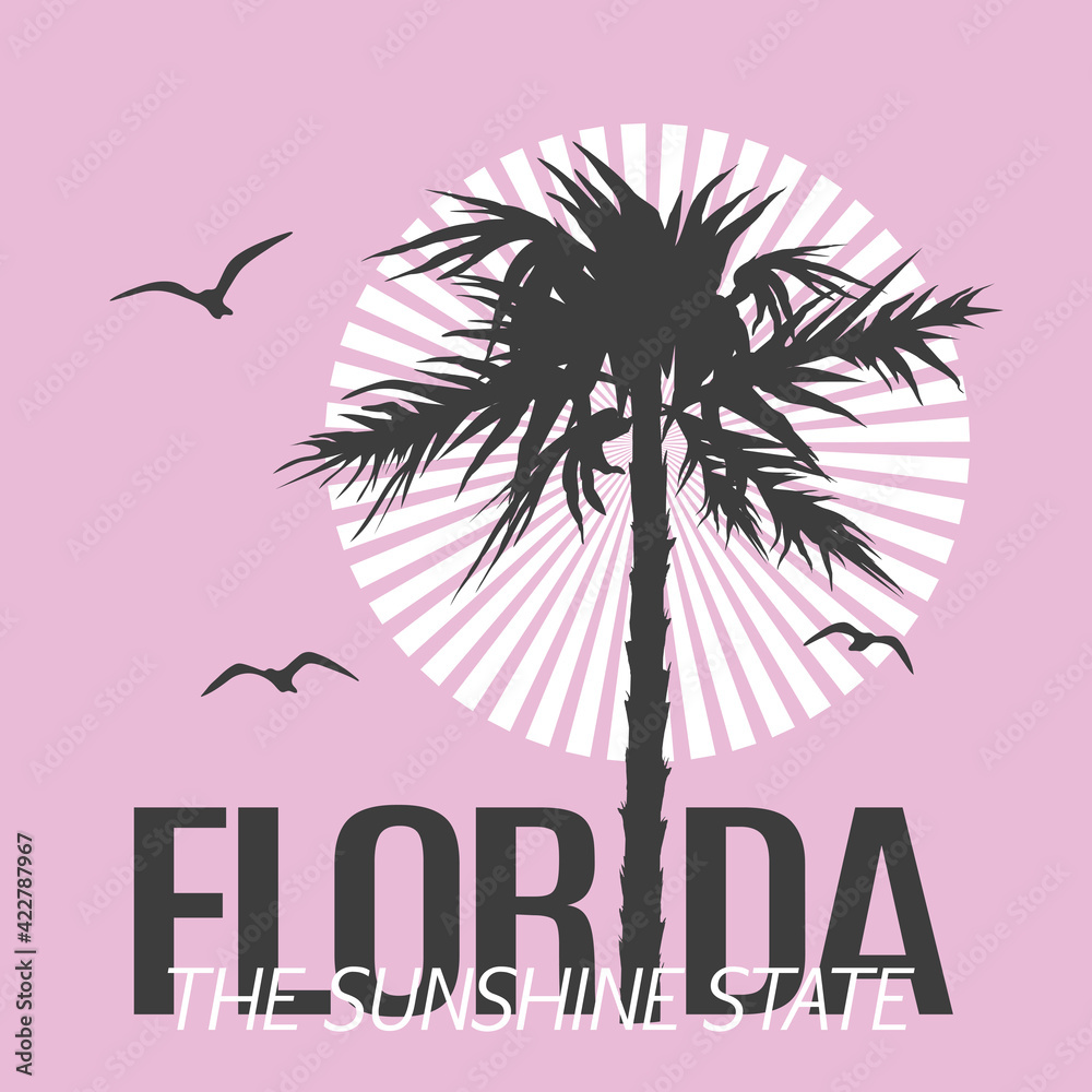 Naklejka premium Florida The Sunshine State slogan text with palm tree for t-shirt graphics, fashion prints, posters and other uses