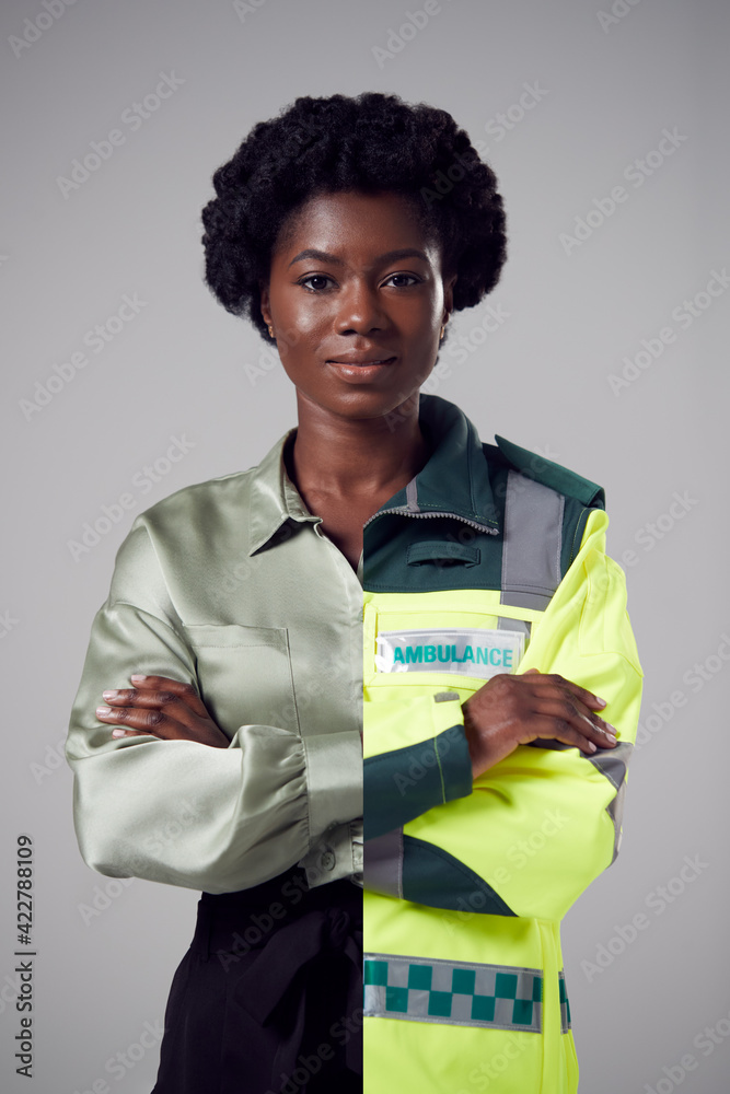Concept Portrait Of Woman Showing Contrasting Day And Night Job Roles In Business And As Paramedic Concept Portrait Of Woman Showing Contrasting Day And Night Job Roles In Business And As Paramedic