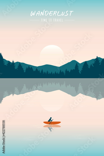 canoeing adventure with a red boat on the lake summertime