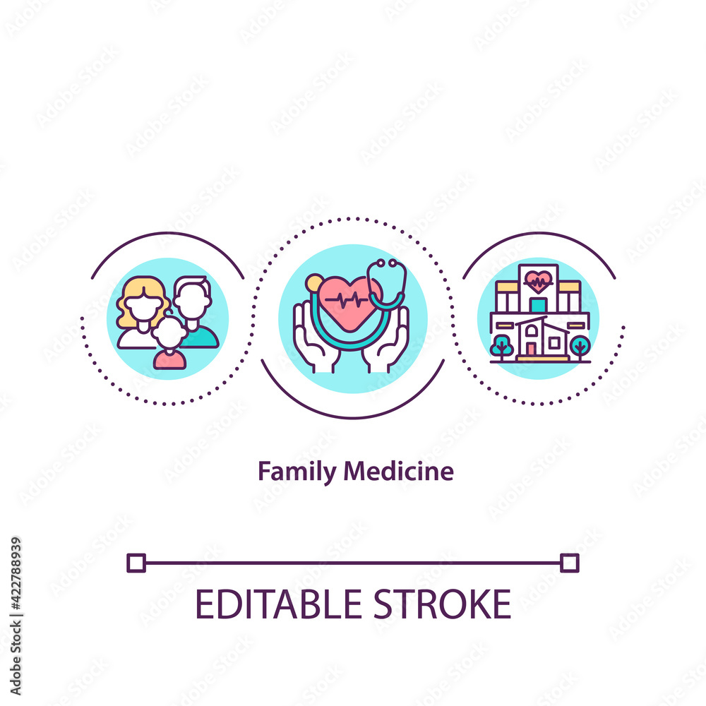 Family medicine concept icon. Visiting family physician for regular check ups to prevent illness. Medical idea thin line illustration. Vector isolated outline RGB color drawing. Editable stroke