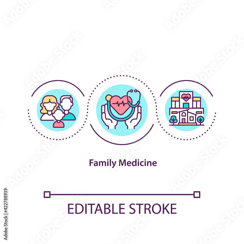 Family medicine concept icon. Visiting family physician for regular check ups to prevent illness. Medical idea thin line illustration. Vector isolated outline RGB color drawing. Editable stroke