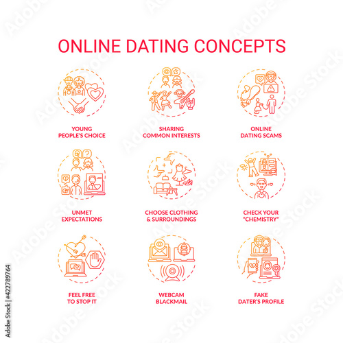 Online dating concept icons set. Sharing common interests in internet idea thin line RGB color illustrations. People searching for partner vector isolated outline drawings