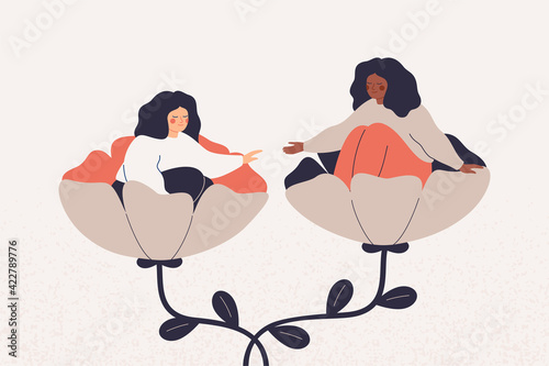 Empathy and friendship concept. Girl extends a helping and supportive hand to her friend.  Black woman cares timid and indecisive female adolescent with psychological problems. Vector illustration