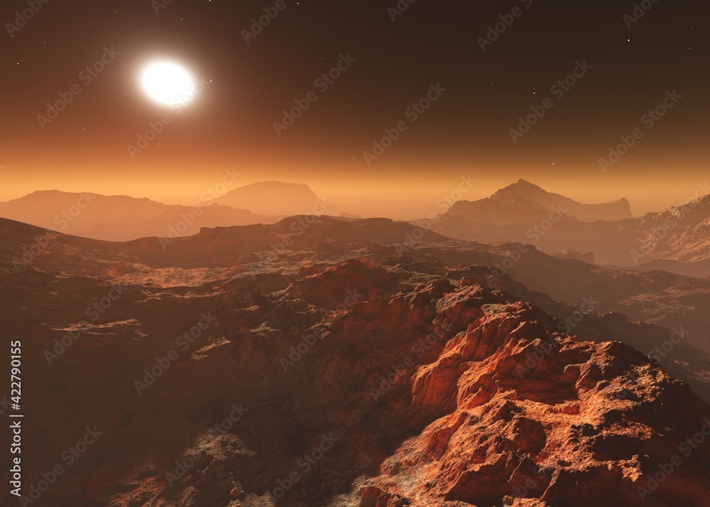 Mars at sunrise, mars surface at sunset, alien landscape, 3d rendering