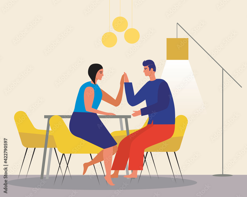 Couple in the kitchen at home, flat vector illustration with man and woman sitting at the table as a concept of romance and love of a young couple, boyfriend, girlfriend
