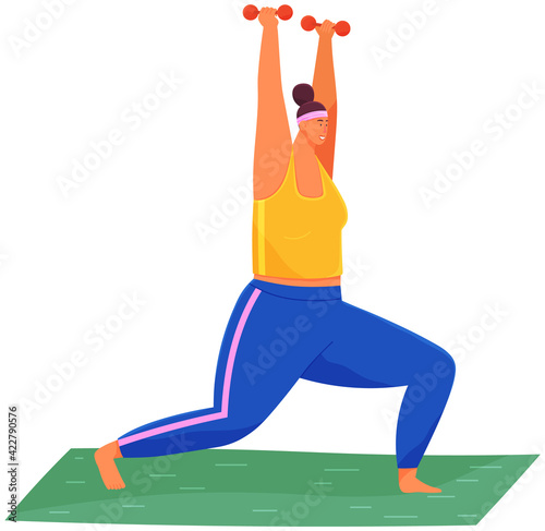 Fat woman training with dumbbells at home. Obese, fat, chubby woman doing weightlifting exercises