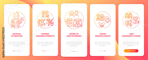 Sharing common interests onboarding mobile app page screen with concepts. Desire to meet walkthrough 5 steps graphic instructions. UI, UX, GUI vector template with linear color illustrations