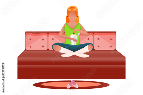 Redhead girl and a bucket of ice cream. The character is sitting on a sofa with a large dessert container and a spoon. Cartoon style. Close-up. Vector.