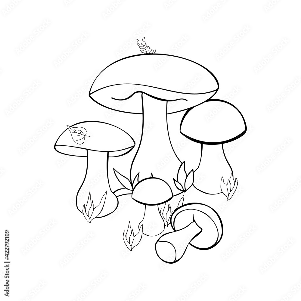 An outline vector illustration of mushrooms with a small warm and a tree leave on the caps surrounded with some grass isolated on white background. Designed in black and white for adults and kids An outline vector illustration of mushrooms with a small warm and a tree leave on the caps surrounded with some grass isolated on white background. Designed in black and white for adults and kids