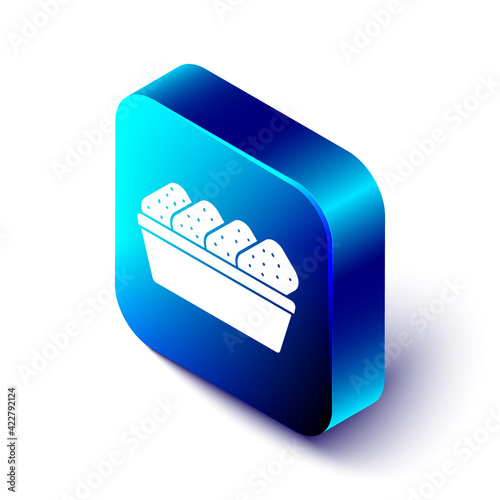 Isometric Chicken nuggets in box icon isolated on white background. Blue square button. Vector Illustration