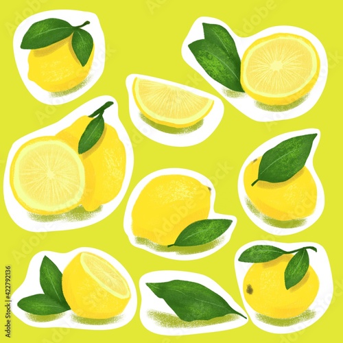 Bright lemons on a yellow background. Whole and half lemons with leaves. Bitmap illustration, digital imitation of a pencil.
