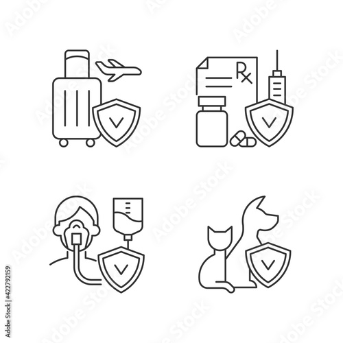 Insurance and protection linear icons set. Reimbursement for traveling expenses. High medicative costs. Customizable thin line contour symbols. Isolated vector outline illustrations. Editable stroke