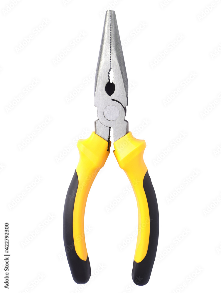 Close up new metal pliers, yellow and black rubber grip. Used for bending, cutting, clamping in electrical work. Repair or build. Isolated on white background. with clipping path. Close up new metal pliers, yellow and black rubber grip. Used for bending, cutting, clamping in electrical work. Repair or build. Isolated on white background. with clipping path.