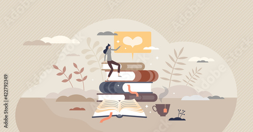 Reading books and literature passion or education study tiny person concept