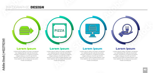 Set Online ordering burger delivery, Pizza in cardboard box, Online ordering and delivery and Online ordering and delivery. Business infographic template. Vector