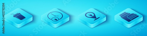 Set Isometric Coffee cup to go, Round the clock delivery, Online ordering and burger delivery and Cafe and restaurant location icon. Vector