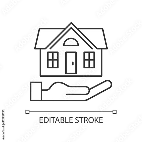 Home insurance linear icon. Insured event. Covering accident expenses for repairing house. Thin line customizable illustration. Contour symbol. Vector isolated outline drawing. Editable stroke
