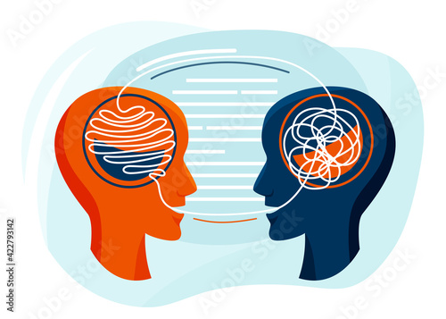 Mental health vector illustration. Two humans head silhouette talk each other, psychotherapy design concept. The psychiatrist untangle the patient thoughts