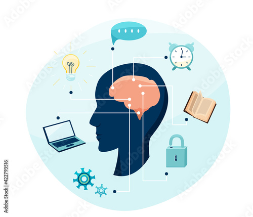 Mental health, brain research vector illustration. Person silhouette with cerebrum and connections of action, reading, working, mind, idea. Isolated on white background