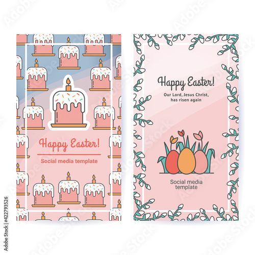 Easter Set of Postcards, Gift Tags, Web Banners Drawn in a Linear style with a Stroke. Pattern with Holiday Cakes and Card with Willow Frame, Grass and Colored Eggs with Copyspase for Text