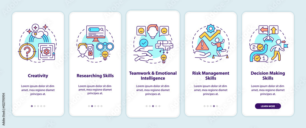 Problem-solving skills onboarding mobile app page screen with concepts. Decision making walkthrough 5 steps graphic instructions. UI, UX, GUI vector template with linear color illustrations Problem-solving skills onboarding mobile app page screen with concepts. Decision making walkthrough 5 steps graphic instructions. UI, UX, GUI vector template with linear color illustrations