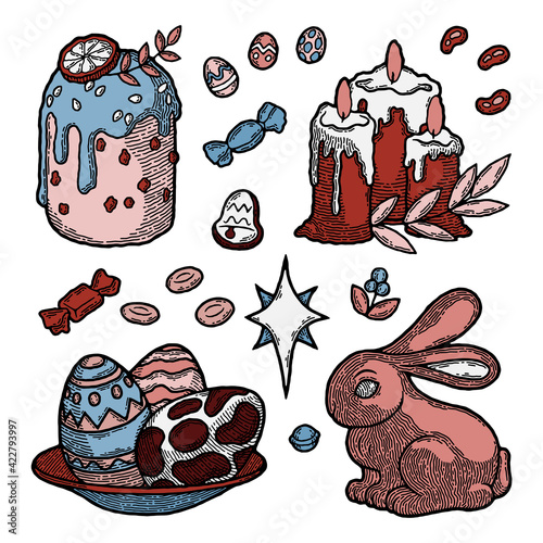 Rustic Traditional Easter Cake Set. Russian and European Christianity Bakery Kulich drawn in Boho Style. Painted Egg with Pattern, Chocolate Bunny, Twig and Leaf, Orange Slice, Candle and Icing