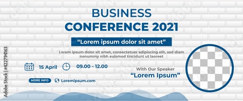 Business conference banner design. Horizontal banner design with brick wall background and abstract fluid shape. Flat design vector with a place for the photo.