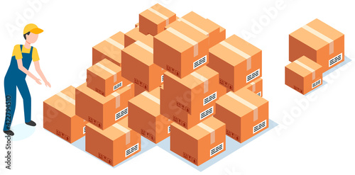 Worker wearing work clothes reloading boxes from stack. Cardboard parcels for shipment from china