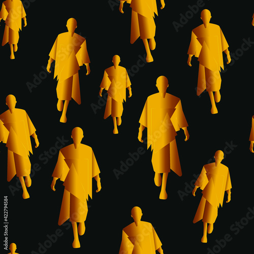 Gold silhouette of walking people in fashionable clothes seamless pattern. Modern design with illustration of woman figurine of clothing, wallpaper, cover, backdrop.