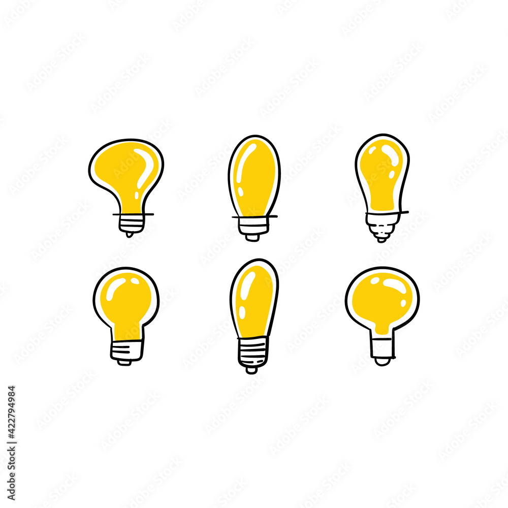 Light bulb doodle collection. Set of hand drawn electric lamp. Symbol of idea, innovation and solution. Light bulb doodle collection. Set of hand drawn electric lamp. Symbol of idea, innovation and solution.