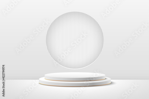Abstract round display for product on website in modern. Background rendering with podium and minimal white texture wall scene, 3d rendering geometric shape white & grey color. Vector illustration