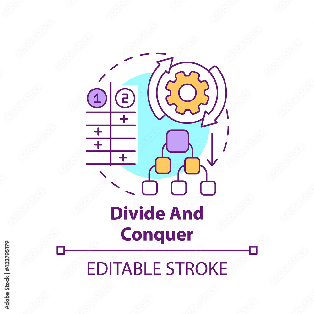 Divide and conquer concept icon. Task management. Method for decision making. Problem solving strategy idea thin line illustration. Vector isolated outline RGB color drawing. Editable stroke Divide and conquer concept icon. Task management. Method for decision making. Problem solving strategy idea thin line illustration. Vector isolated outline RGB color drawing. Editable stroke