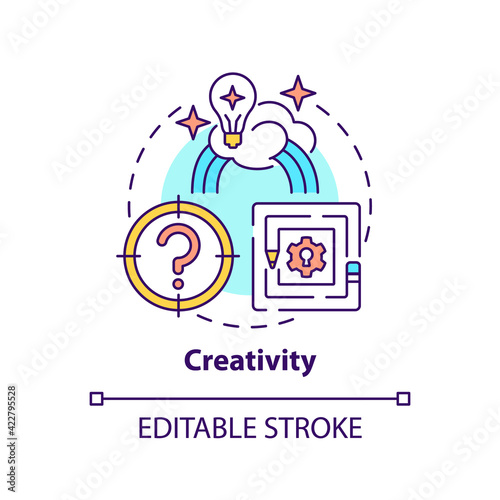 Creativity concept icon. Imagination and innovation. Smart solution. Intelligence for problem solving idea thin line illustration. Vector isolated outline RGB color drawing. Editable stroke