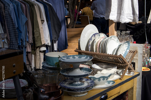 Traditional blue English vintage patterned plates at Spitalfields Market photo