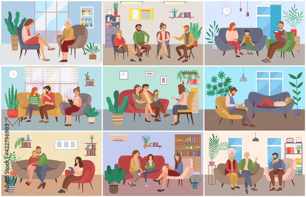 A set of pictures about psychotherapy sessions. People are sitting at the reception of a specialist