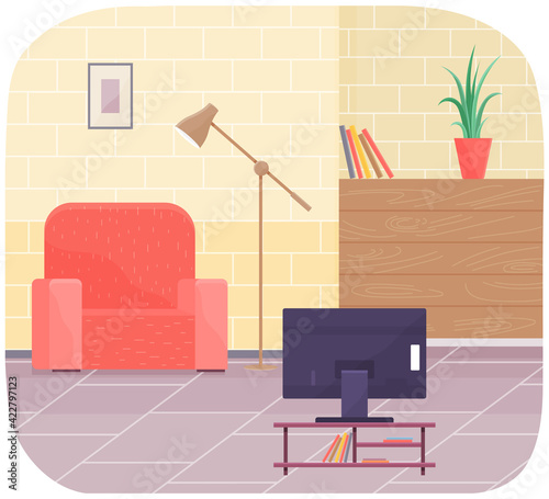 Living room interior design with red armchair, floor lamp near wall television set and potted plant