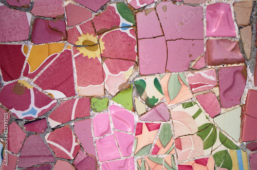 Broken tiles mosaic at park Guell, Barcelona