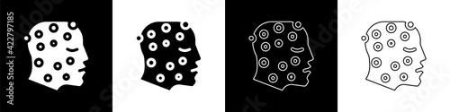 Set Face with psoriasis or eczema rash icon isolated on black and white background. Concept of human skin response to allergen or chronic body problem. Vector