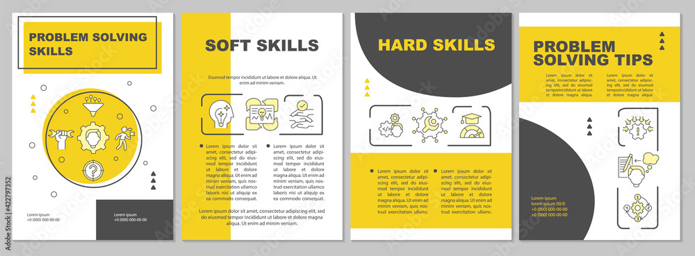 Problem solving tips brochure template. Soft, hard skills. Flyer, booklet, leaflet print, cover design with linear icons. Vector layouts for presentation, annual reports, advertisement pages - obrazy, fototapety, plakaty 