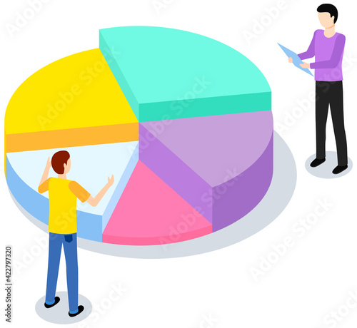 Characters discuss while working with statistical pie chart. Profit sectorized diagram, statistics
