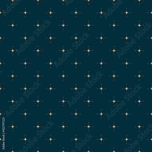 Golden vector minimalist seamless pattern with small diamond shapes, stars, rhombuses, dots. Abstract dark blue and gold geometric texture. Simple minimal repeat background. Luxury repeat geo design