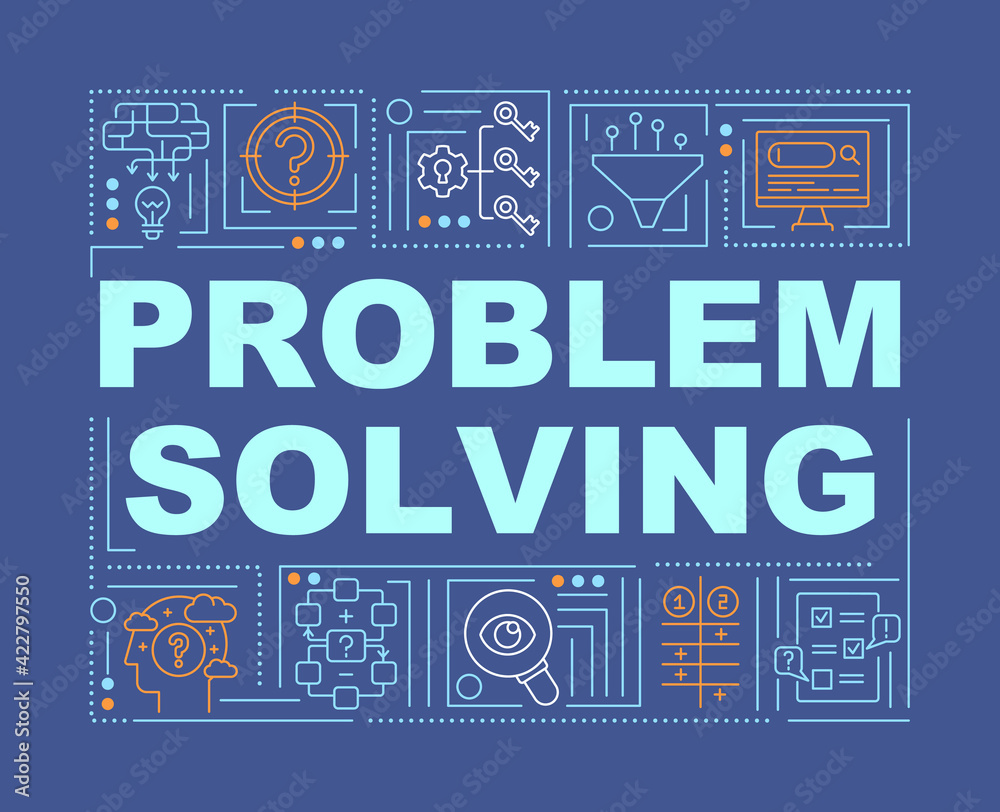 Problem solving methods word concepts banner. Find solution. Productivity strategies. Infographics with linear icons on navy background. Isolated typography. Vector outline RGB color illustration Problem solving methods word concepts banner. Find solution. Productivity strategies. Infographics with linear icons on navy background. Isolated typography. Vector outline RGB color illustration